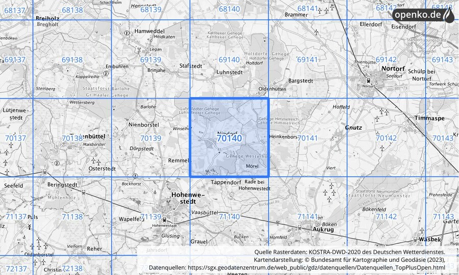 Übersichtskarte des KOSTRA-DWD-2020-Rasterfeldes Nr. 70140