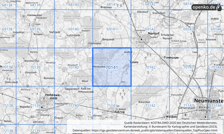 Übersichtskarte des KOSTRA-DWD-2020-Rasterfeldes Nr. 70141
