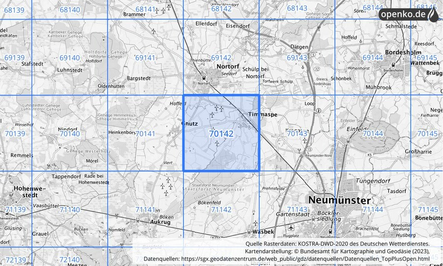 Übersichtskarte des KOSTRA-DWD-2020-Rasterfeldes Nr. 70142