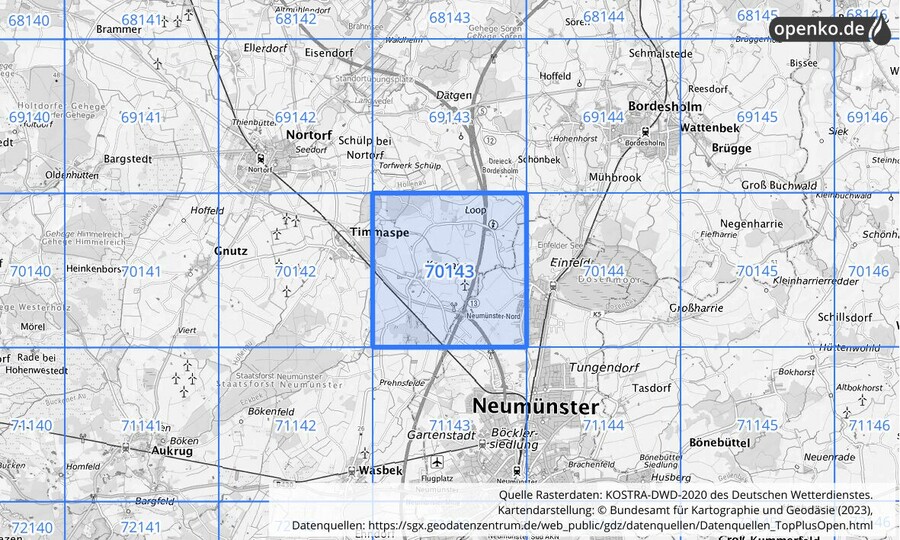 Übersichtskarte des KOSTRA-DWD-2020-Rasterfeldes Nr. 70143