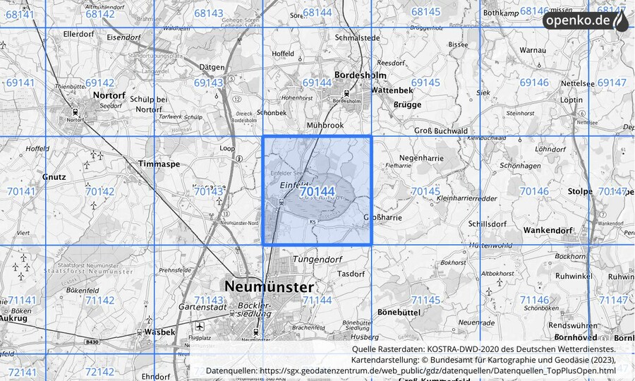 Übersichtskarte des KOSTRA-DWD-2020-Rasterfeldes Nr. 70144