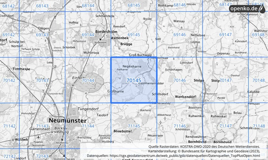 Übersichtskarte des KOSTRA-DWD-2020-Rasterfeldes Nr. 70145