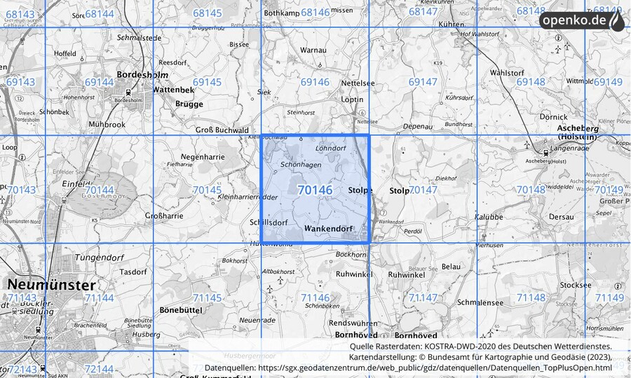 Übersichtskarte des KOSTRA-DWD-2020-Rasterfeldes Nr. 70146