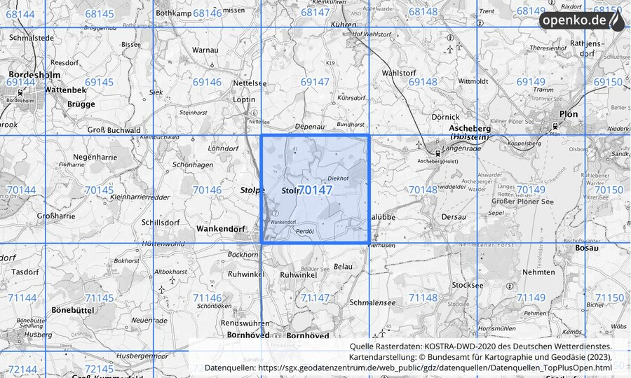 Übersichtskarte des KOSTRA-DWD-2020-Rasterfeldes Nr. 70147