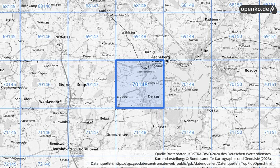 Übersichtskarte des KOSTRA-DWD-2020-Rasterfeldes Nr. 70148