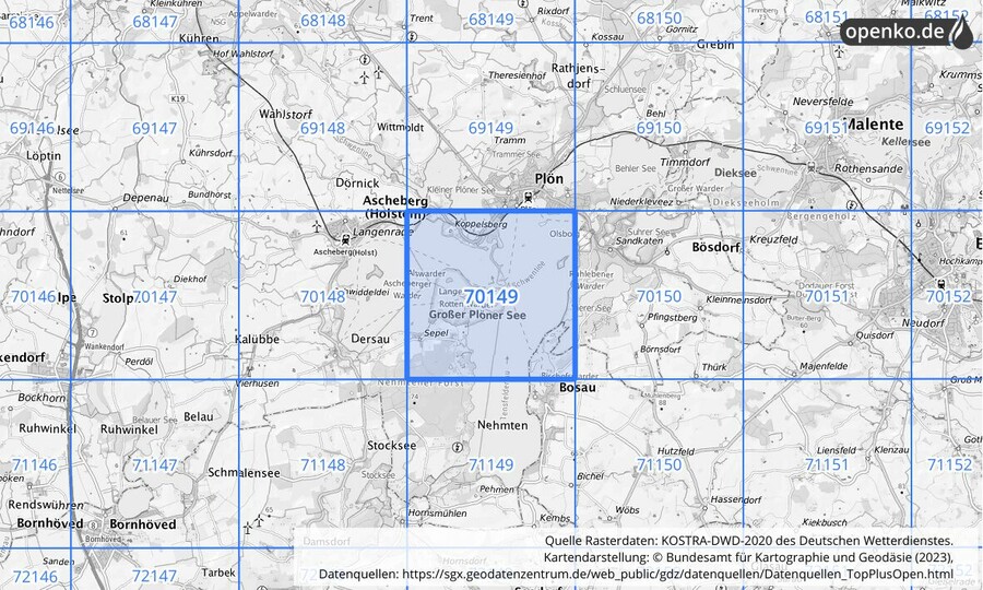 Übersichtskarte des KOSTRA-DWD-2020-Rasterfeldes Nr. 70149