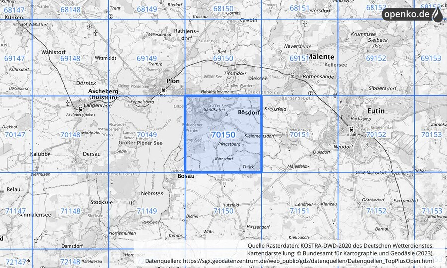 Übersichtskarte des KOSTRA-DWD-2020-Rasterfeldes Nr. 70150