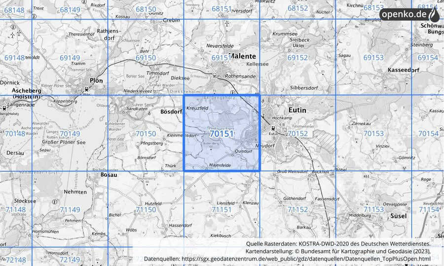 Übersichtskarte des KOSTRA-DWD-2020-Rasterfeldes Nr. 70151