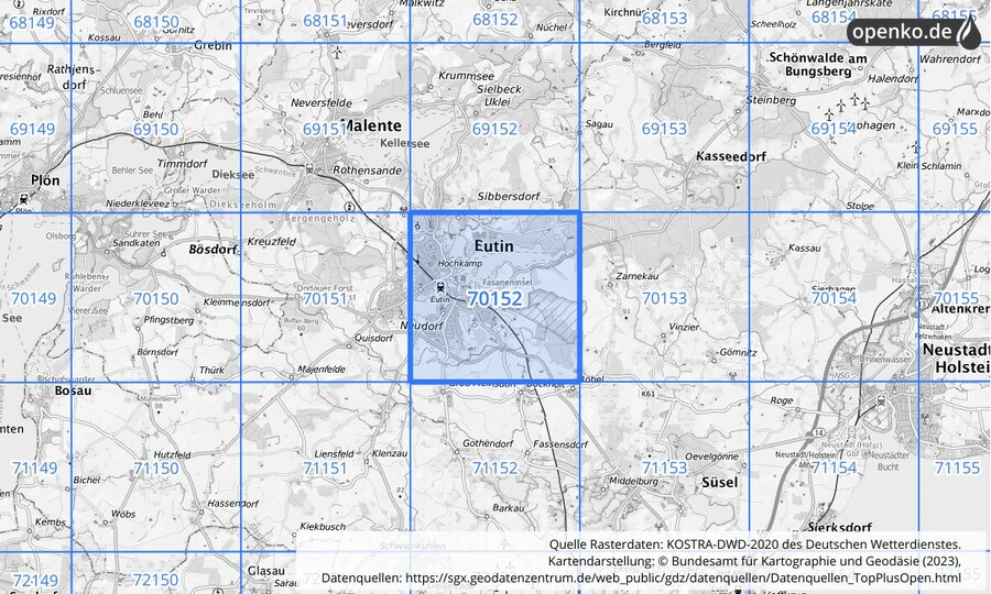 Übersichtskarte des KOSTRA-DWD-2020-Rasterfeldes Nr. 70152