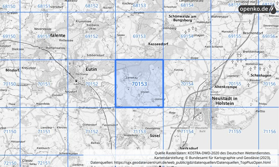 Übersichtskarte des KOSTRA-DWD-2020-Rasterfeldes Nr. 70153