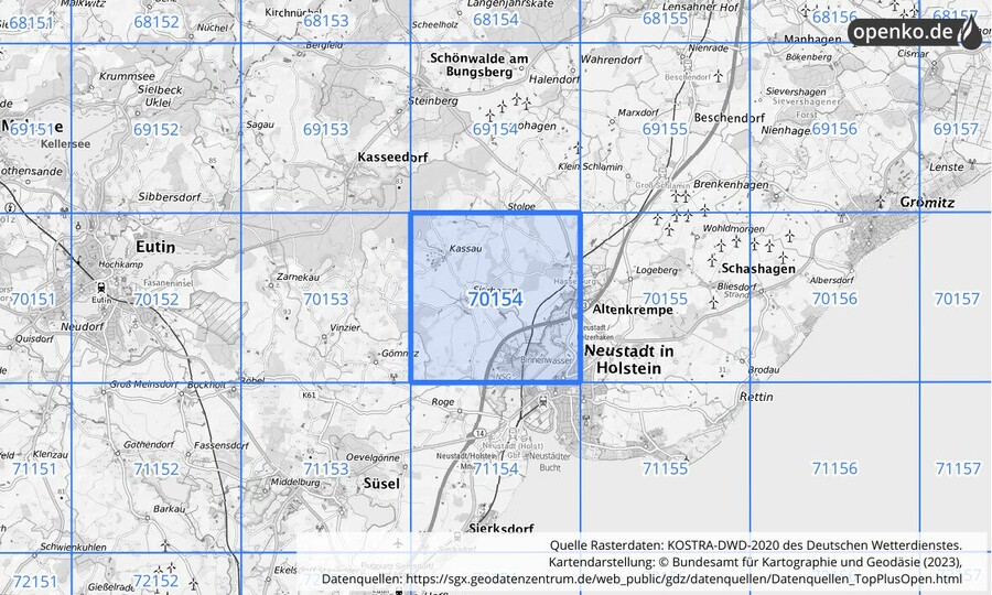 Übersichtskarte des KOSTRA-DWD-2020-Rasterfeldes Nr. 70154