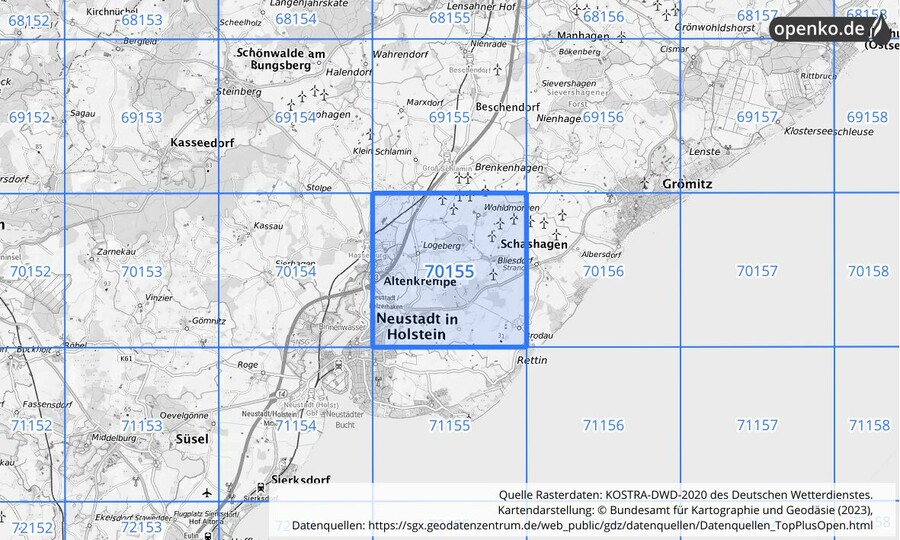 Übersichtskarte des KOSTRA-DWD-2020-Rasterfeldes Nr. 70155