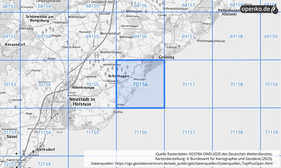Übersichtskarte des KOSTRA-DWD-2020-Rasterfeldes Nr. 70156