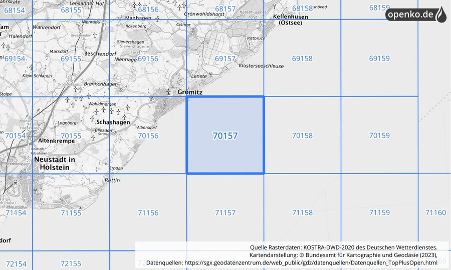 Übersichtskarte des KOSTRA-DWD-2020-Rasterfeldes Nr. 70157