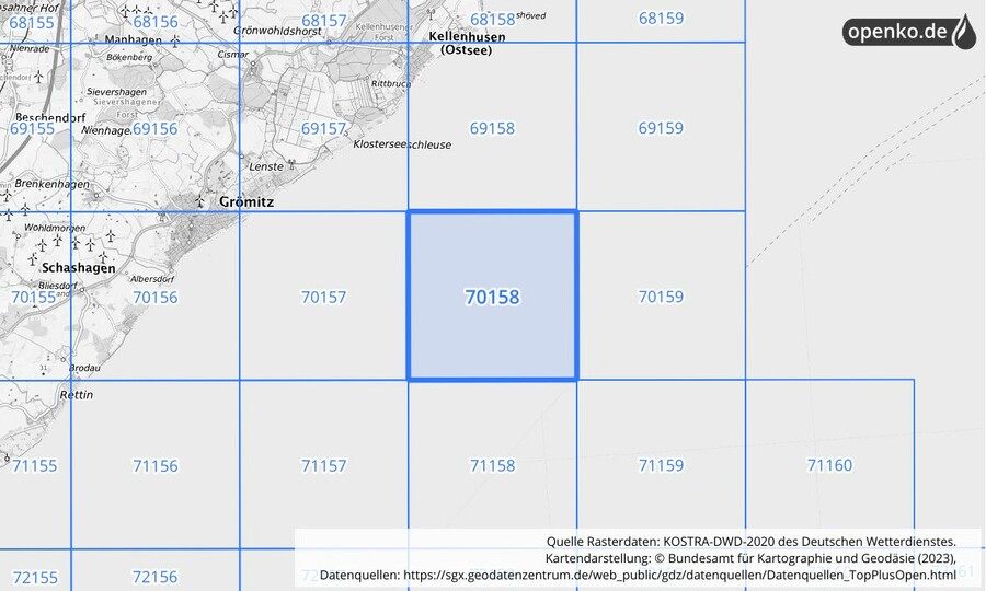 Übersichtskarte des KOSTRA-DWD-2020-Rasterfeldes Nr. 70158