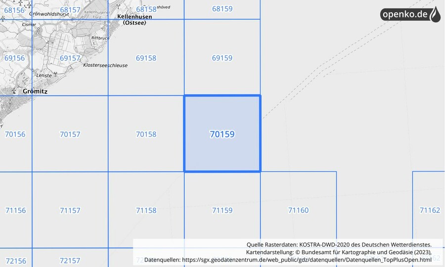 Übersichtskarte des KOSTRA-DWD-2020-Rasterfeldes Nr. 70159