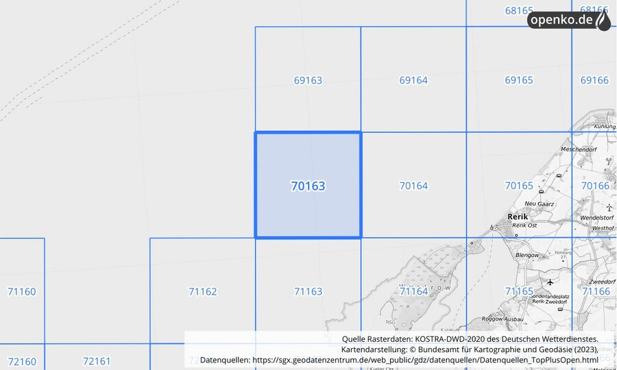 Übersichtskarte des KOSTRA-DWD-2020-Rasterfeldes Nr. 70163