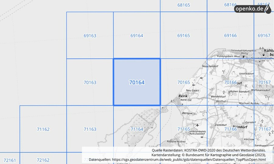 Übersichtskarte des KOSTRA-DWD-2020-Rasterfeldes Nr. 70164