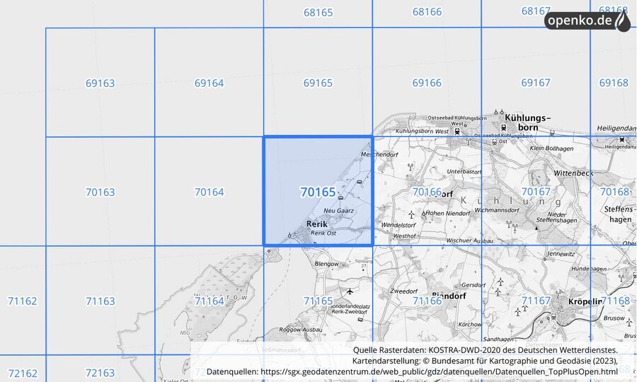 Übersichtskarte des KOSTRA-DWD-2020-Rasterfeldes Nr. 70165