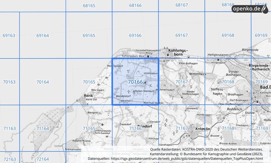 Übersichtskarte des KOSTRA-DWD-2020-Rasterfeldes Nr. 70166