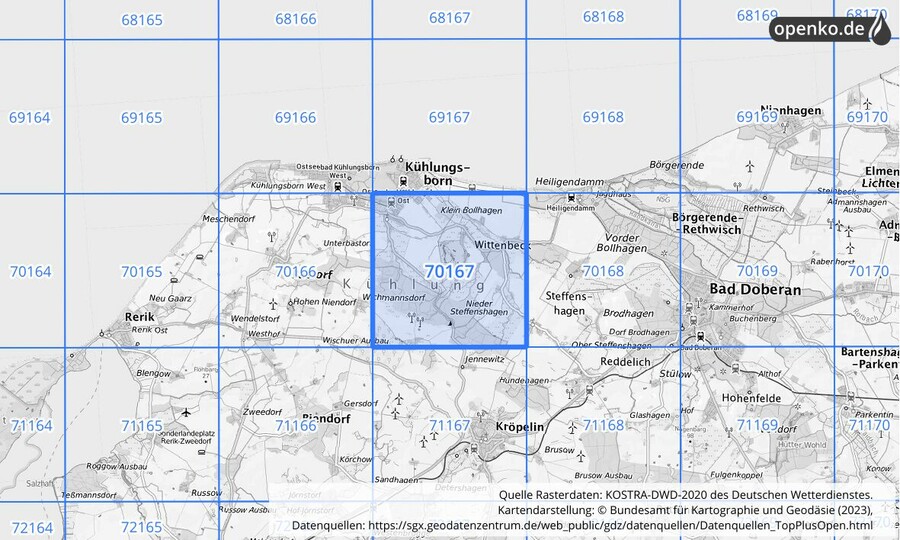 Übersichtskarte des KOSTRA-DWD-2020-Rasterfeldes Nr. 70167