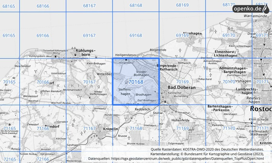 Übersichtskarte des KOSTRA-DWD-2020-Rasterfeldes Nr. 70168