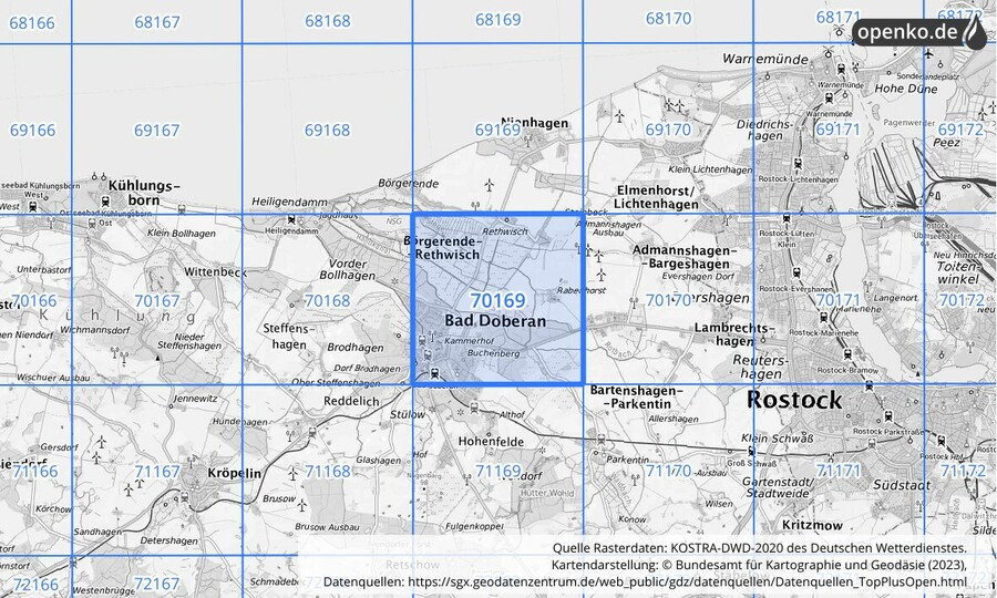 Übersichtskarte des KOSTRA-DWD-2020-Rasterfeldes Nr. 70169