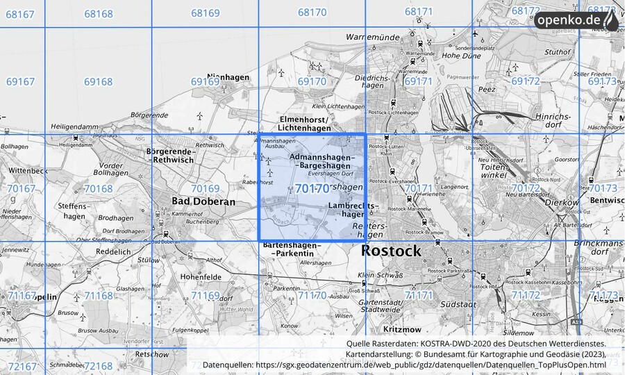 Übersichtskarte des KOSTRA-DWD-2020-Rasterfeldes Nr. 70170