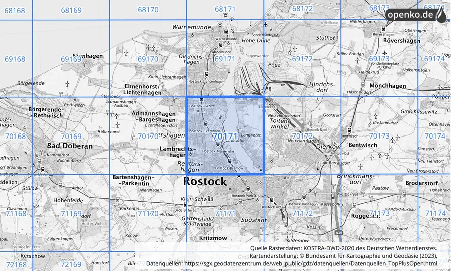 Übersichtskarte des KOSTRA-DWD-2020-Rasterfeldes Nr. 70171