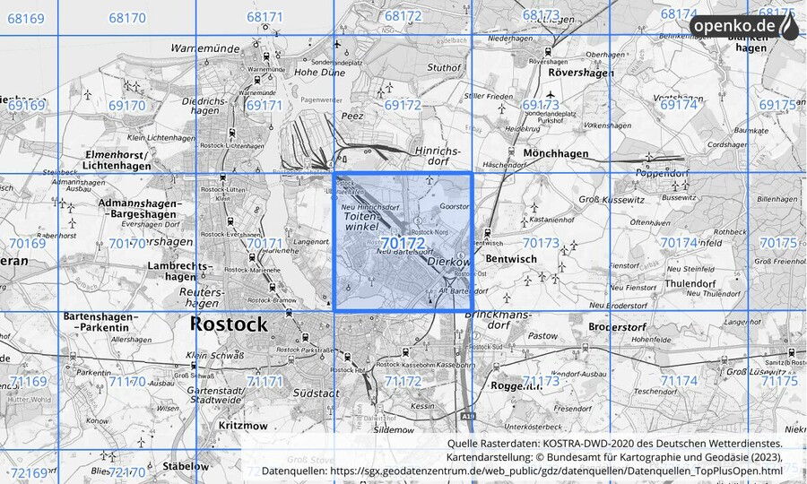 Übersichtskarte des KOSTRA-DWD-2020-Rasterfeldes Nr. 70172