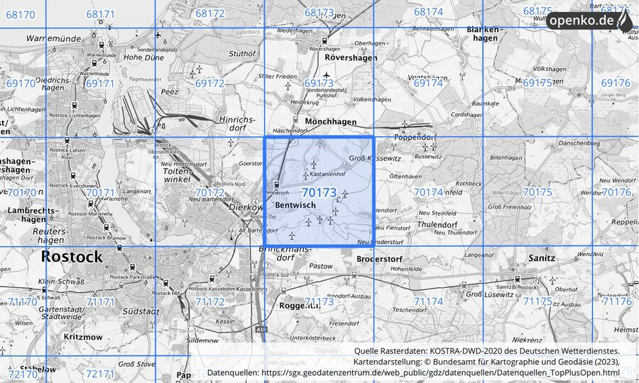 Übersichtskarte des KOSTRA-DWD-2020-Rasterfeldes Nr. 70173