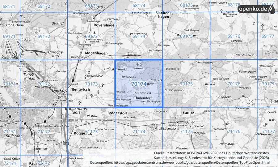 Übersichtskarte des KOSTRA-DWD-2020-Rasterfeldes Nr. 70174