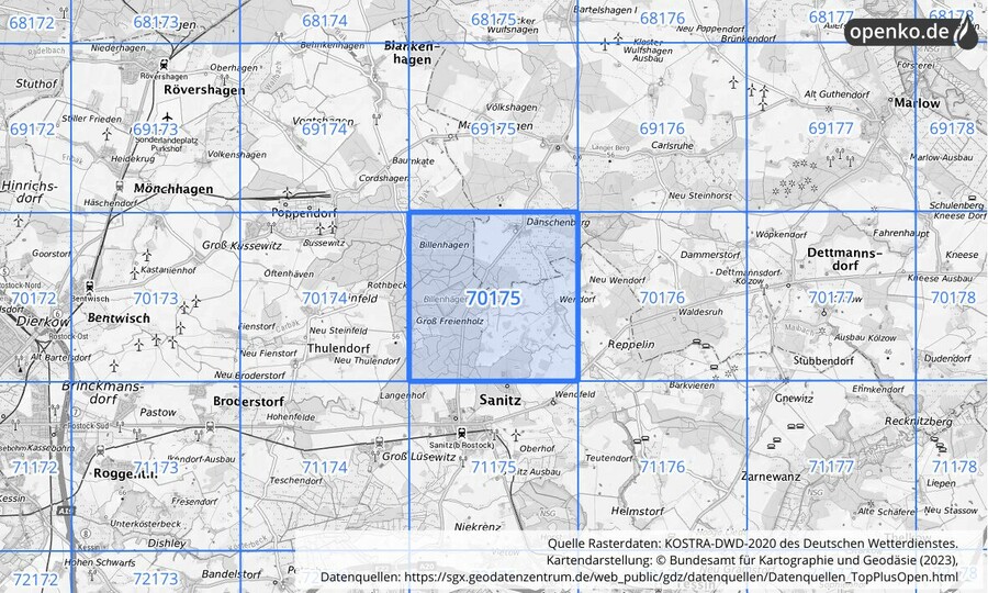 Übersichtskarte des KOSTRA-DWD-2020-Rasterfeldes Nr. 70175