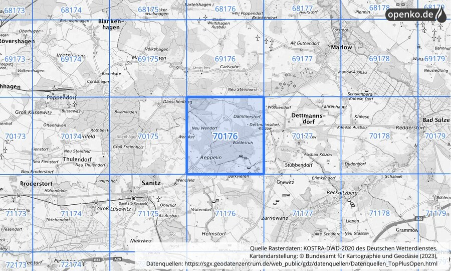 Übersichtskarte des KOSTRA-DWD-2020-Rasterfeldes Nr. 70176