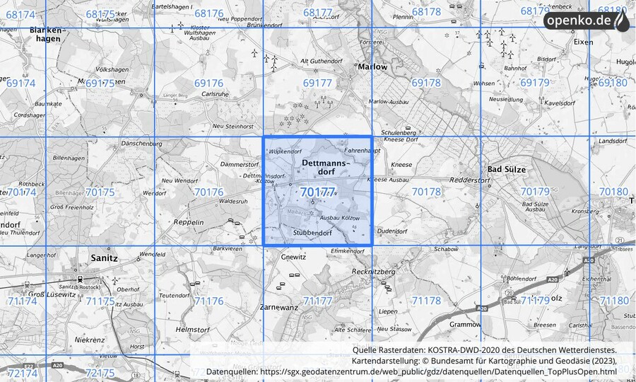 Übersichtskarte des KOSTRA-DWD-2020-Rasterfeldes Nr. 70177