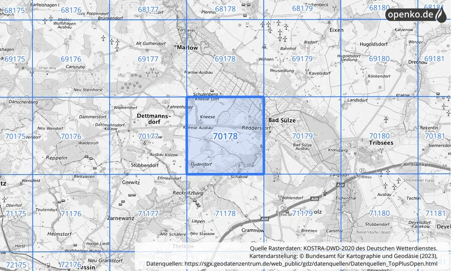 Übersichtskarte des KOSTRA-DWD-2020-Rasterfeldes Nr. 70178
