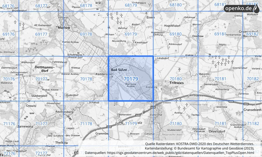 Übersichtskarte des KOSTRA-DWD-2020-Rasterfeldes Nr. 70179