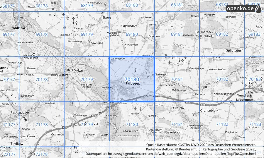 Übersichtskarte des KOSTRA-DWD-2020-Rasterfeldes Nr. 70180
