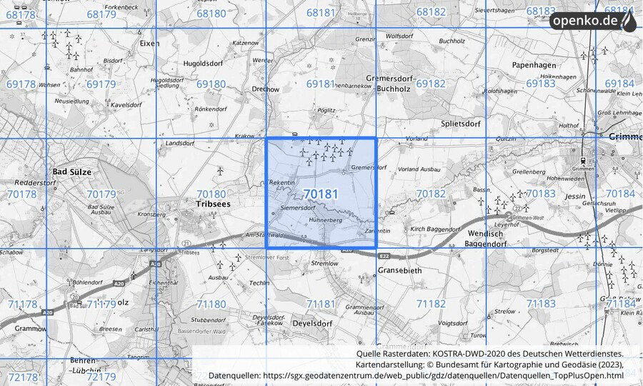 Übersichtskarte des KOSTRA-DWD-2020-Rasterfeldes Nr. 70181