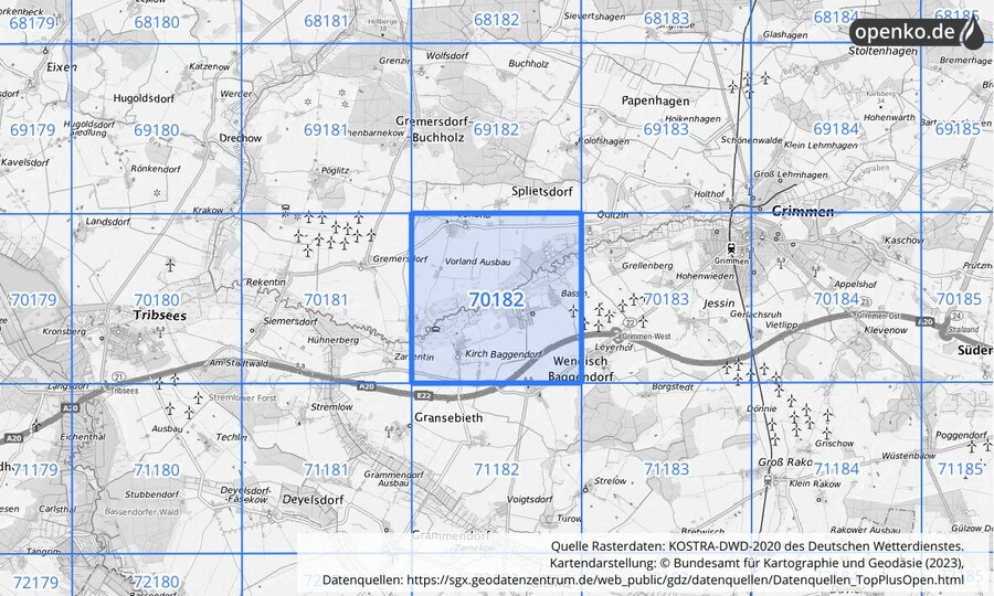 Übersichtskarte des KOSTRA-DWD-2020-Rasterfeldes Nr. 70182