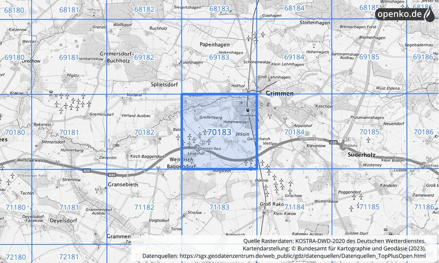 Übersichtskarte des KOSTRA-DWD-2020-Rasterfeldes Nr. 70183