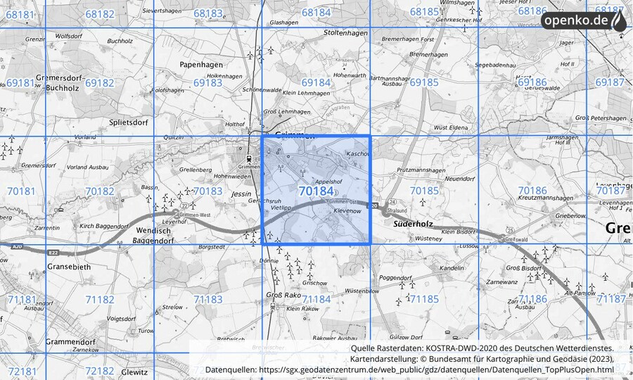 Übersichtskarte des KOSTRA-DWD-2020-Rasterfeldes Nr. 70184