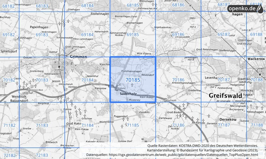 Übersichtskarte des KOSTRA-DWD-2020-Rasterfeldes Nr. 70185