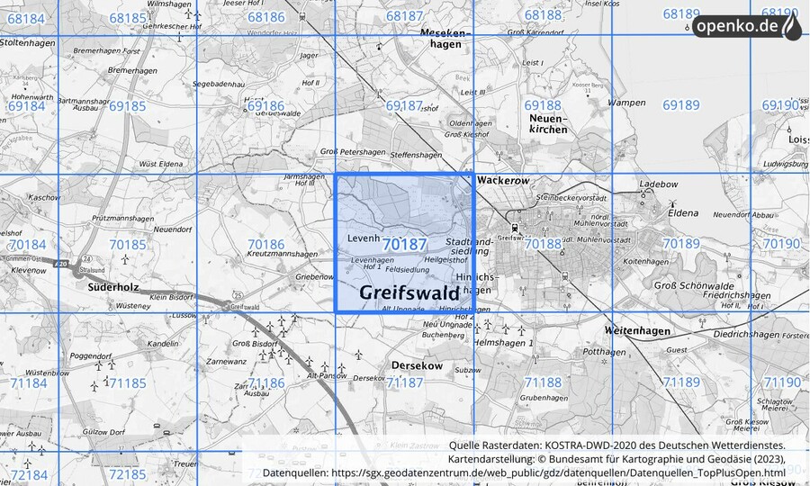 Übersichtskarte des KOSTRA-DWD-2020-Rasterfeldes Nr. 70187