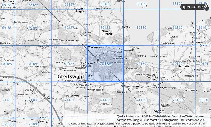 Übersichtskarte des KOSTRA-DWD-2020-Rasterfeldes Nr. 70188