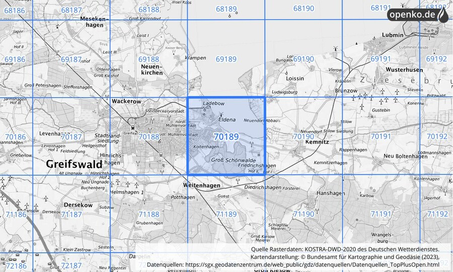 Übersichtskarte des KOSTRA-DWD-2020-Rasterfeldes Nr. 70189