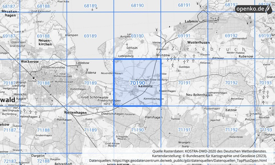 Übersichtskarte des KOSTRA-DWD-2020-Rasterfeldes Nr. 70190