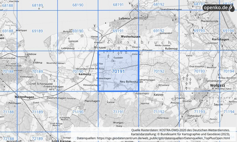 Übersichtskarte des KOSTRA-DWD-2020-Rasterfeldes Nr. 70191