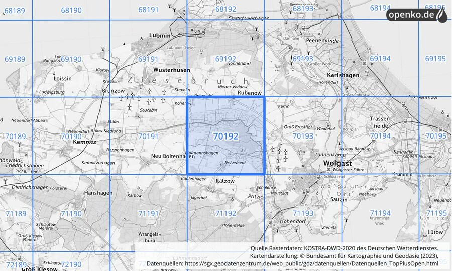 Übersichtskarte des KOSTRA-DWD-2020-Rasterfeldes Nr. 70192