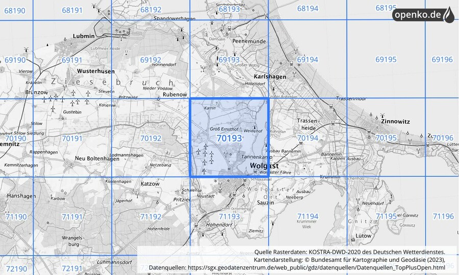 Übersichtskarte des KOSTRA-DWD-2020-Rasterfeldes Nr. 70193